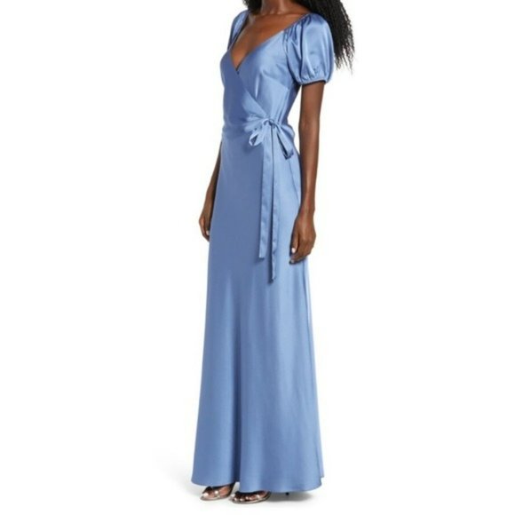 Wayf Dresses & Skirts - 52 WAYF The Bea Faux Wrap V-neck Dress In Evening Blue Maxi Gown Satin